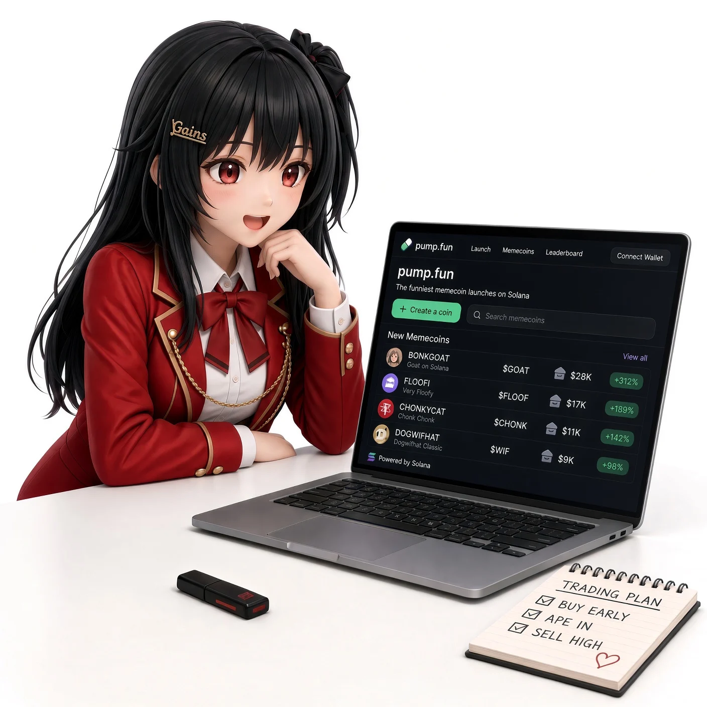 Gains at her desk checking new memecoins on a laptop, with a trading plan notebook beside it